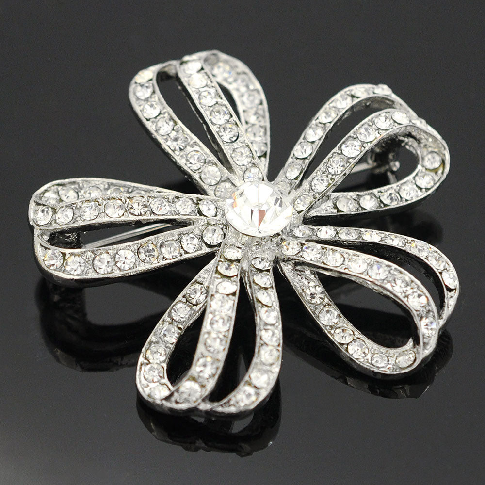 Silver Weaved Ribbon Flower Brooch Pin