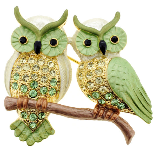 Green Couple Owl Swarovski Crystal Pin Brooch