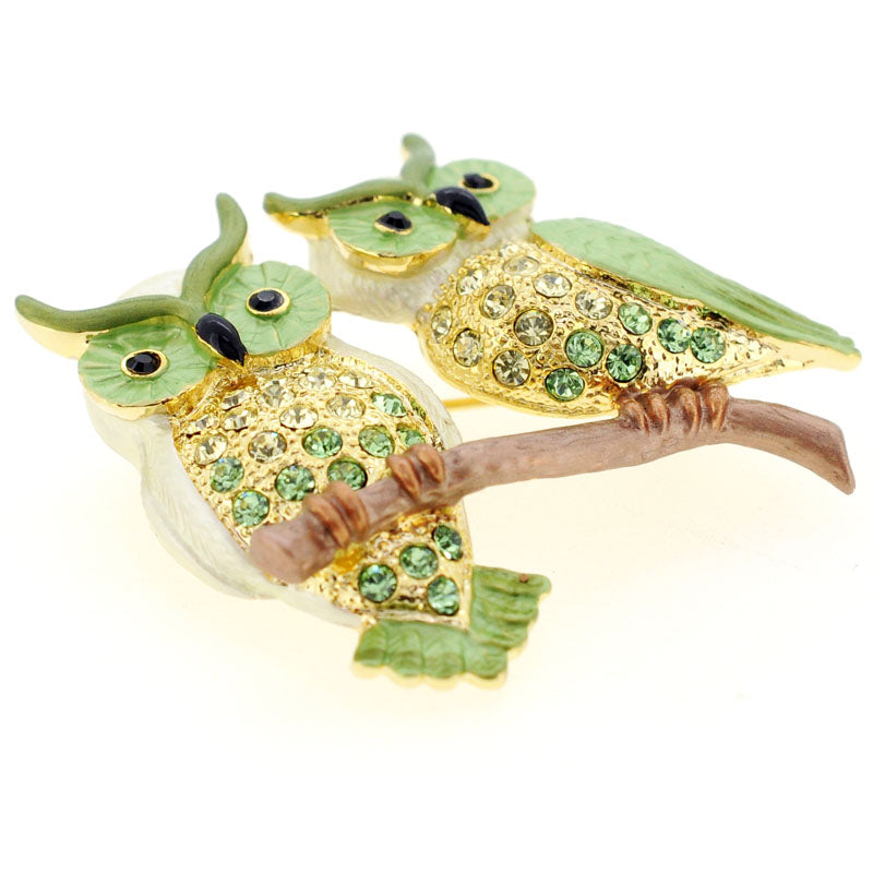 Green Couple Owl Swarovski Crystal Pin Brooch