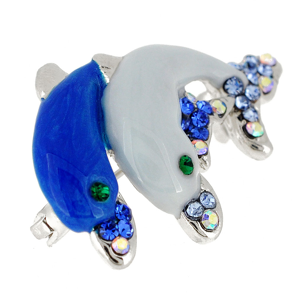 Multi Blue Couple Dolphin Crystal Pin Brooch