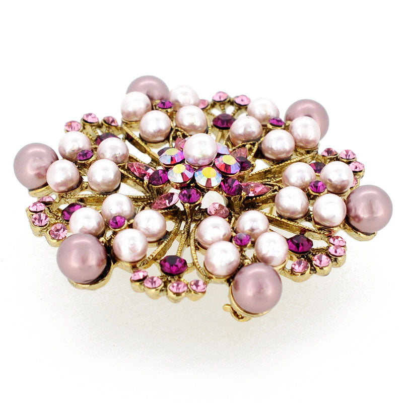 Bridal Wedding Pink Pearl Flower Pin Swarovski Crystal Pin Brooch and Pendant