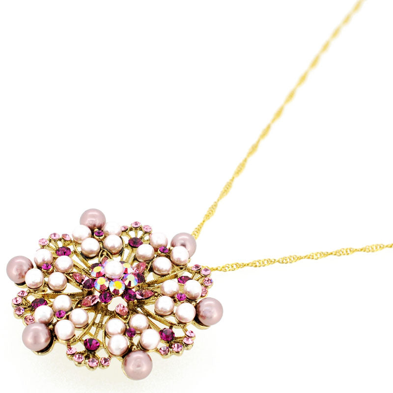 Bridal Wedding Pink Pearl Flower Pin Swarovski Crystal Pin Brooch and Pendant