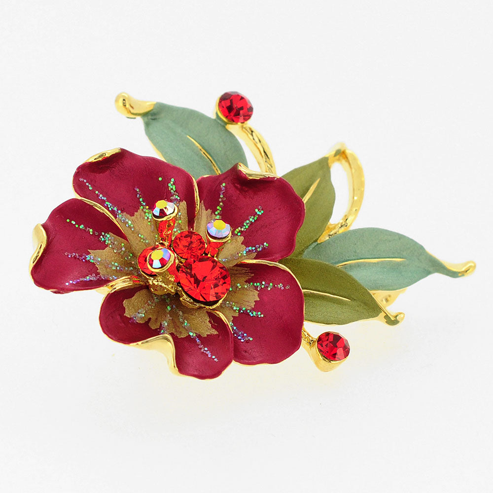 Red Flower Swarovski Crystal Brooch Pin