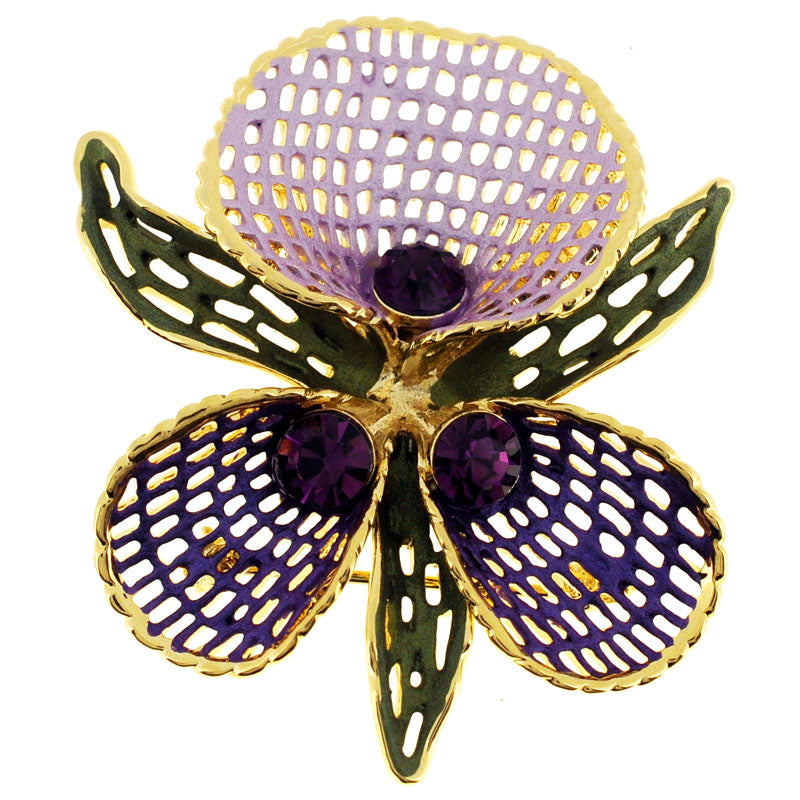 Purple Netted Orchid Swarovski Crystal Flower PIn Brooch