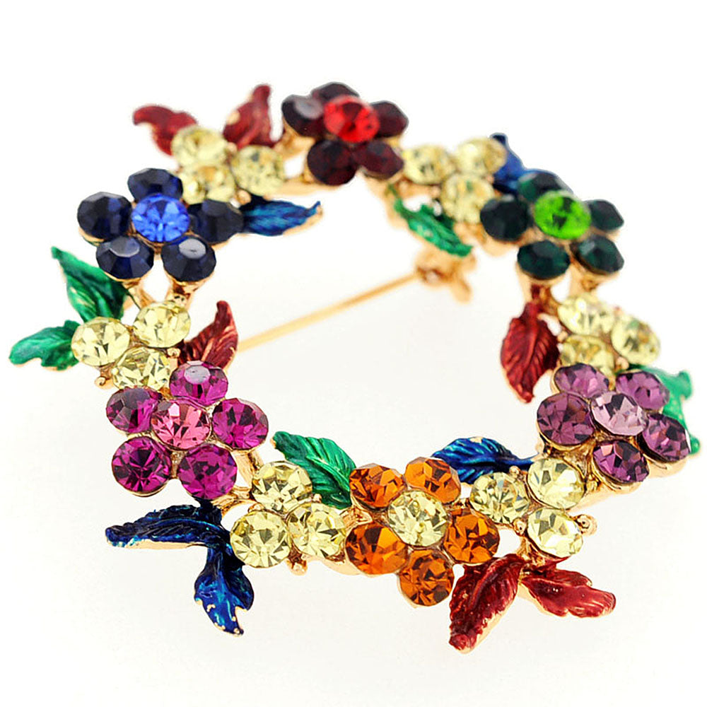 Multicolor Crystal Flower Wreath Pin Brooch