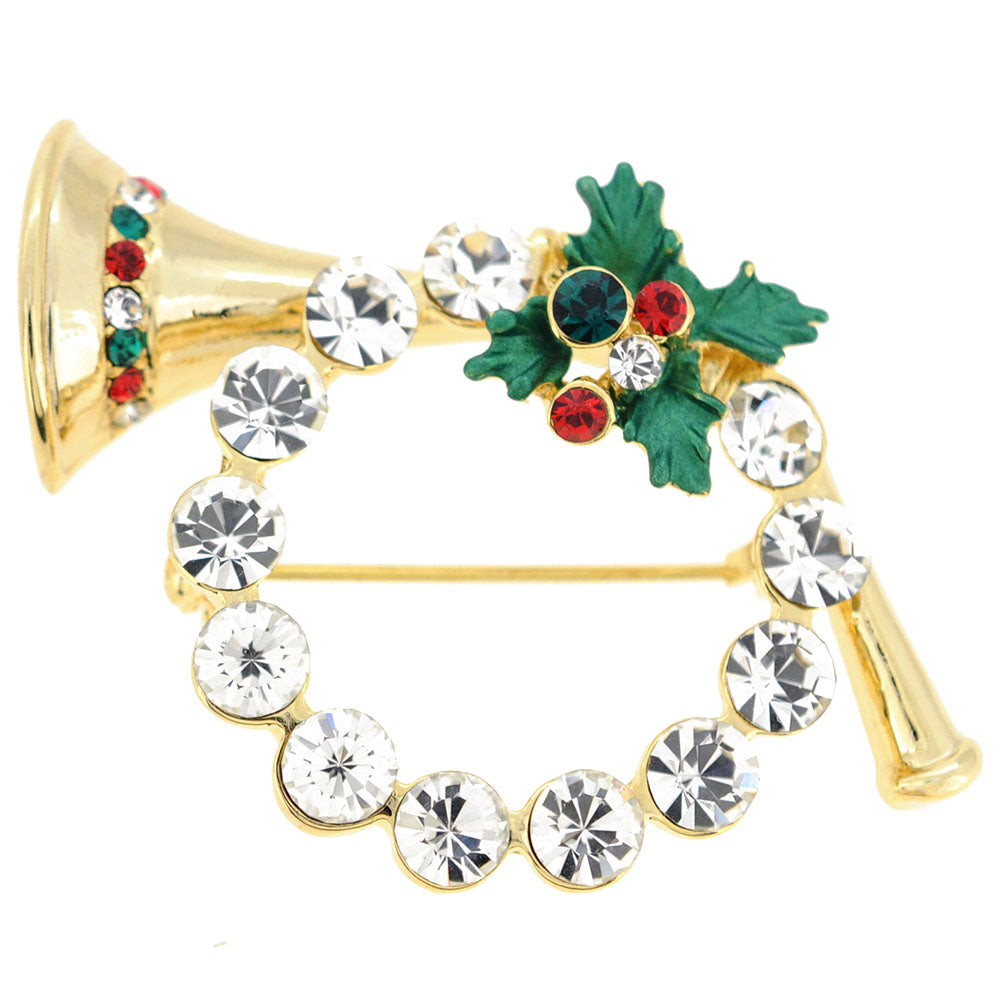 Chrome Christmas Horn Wreath Crystal Pin Brooch