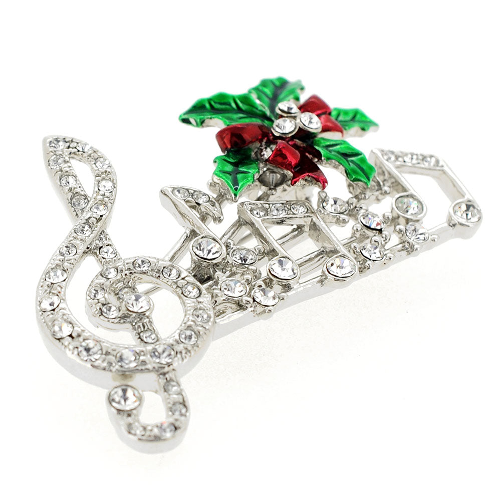 Chrome Christmas Mistletoe Music Note Crystal Pin Brooch