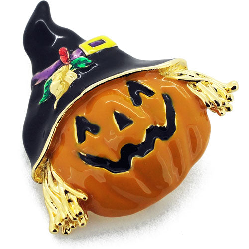 Pumpkin Scarecrow Black Hat Halloween Pin Brooch
