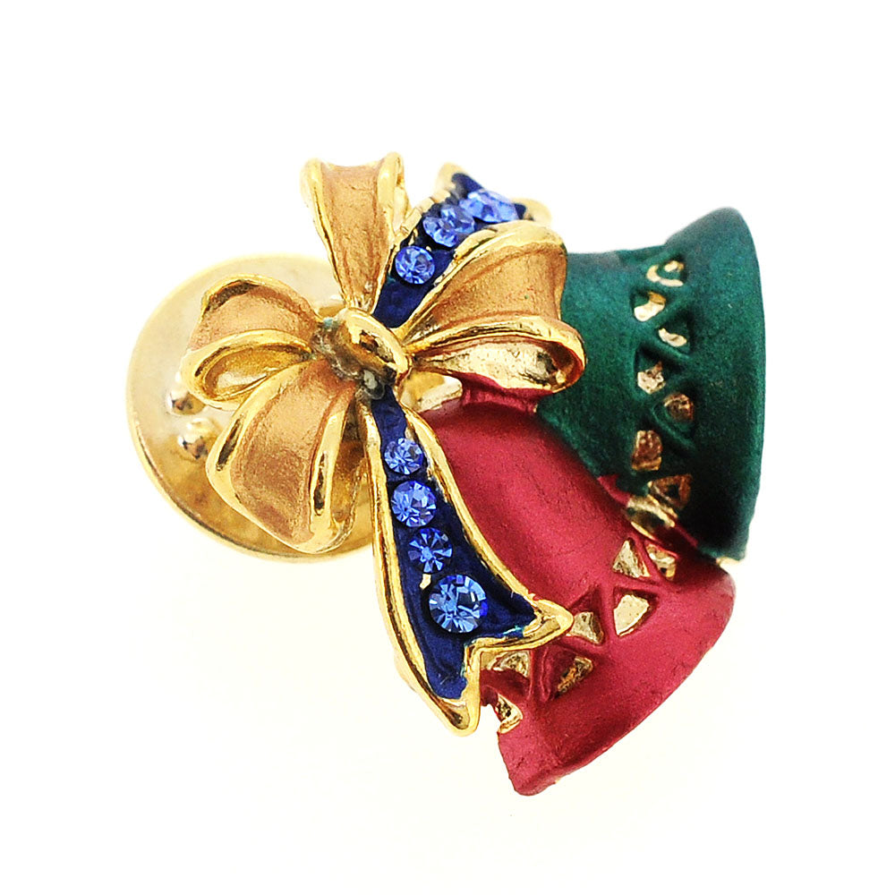 Green And Red Christmas Bell Bow Swarovski Crystal Pin Brooch