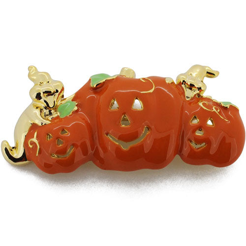 Enamel Triple Halloween Pumpkins With Ghost Pin Brooch