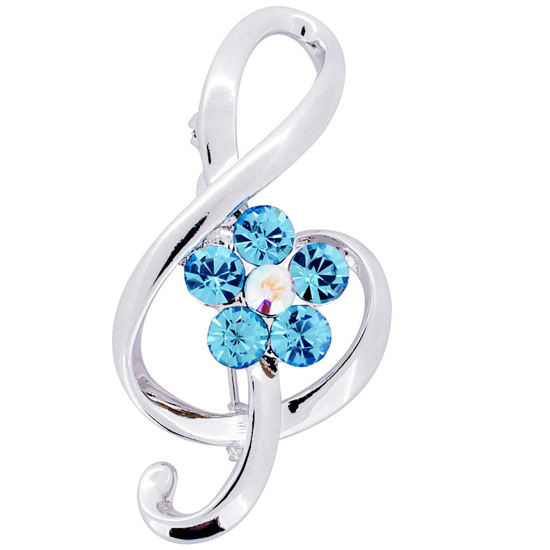 Music Note Baby Blue Flower Crystal Pin Brooch