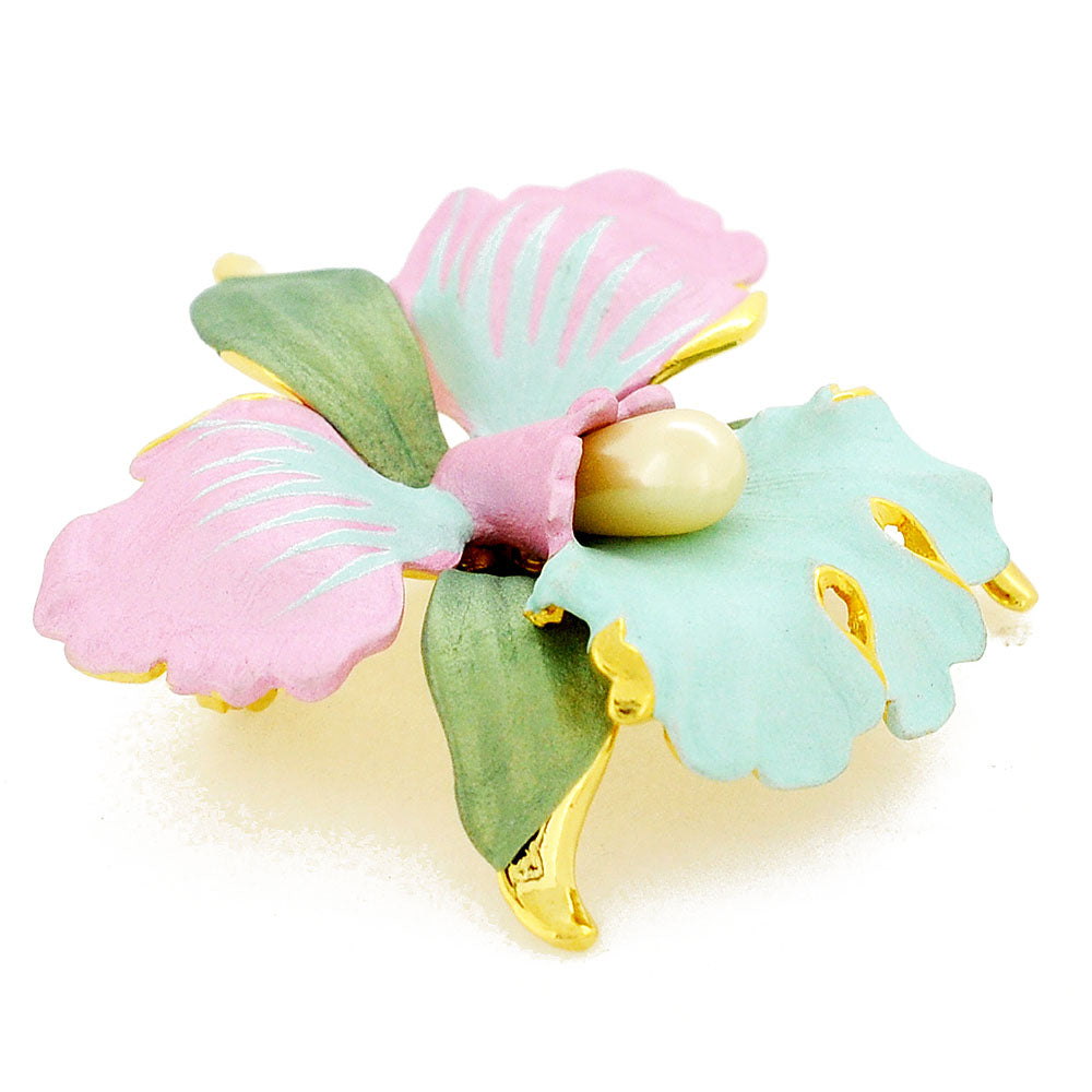 Light Green And Pink Orchid Swarovski Crystal Flower Pin Brooch