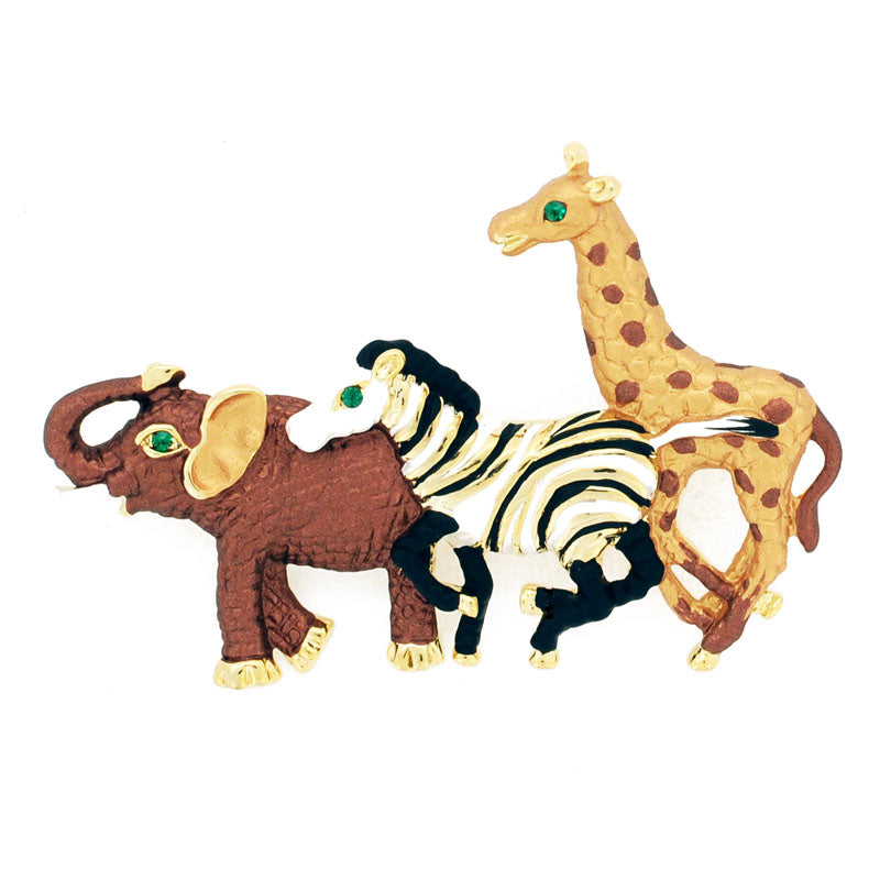 Running Elephant Zebra And Giraffe Swarovski Crystal Brooch Pin