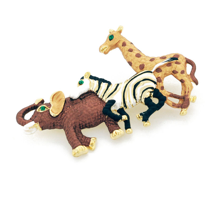 Running Elephant Zebra And Giraffe Swarovski Crystal Brooch Pin