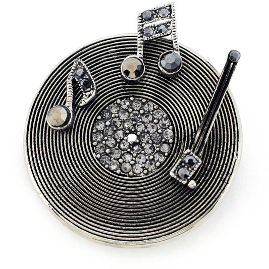 Crystal Silver Shade Long Playing Record With Music Note Pin Music Brooch Pin