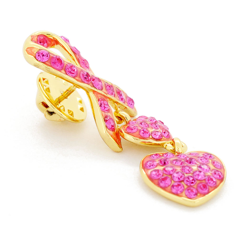 Golden Pink Ribbon Heart Crystal Lapel Pin