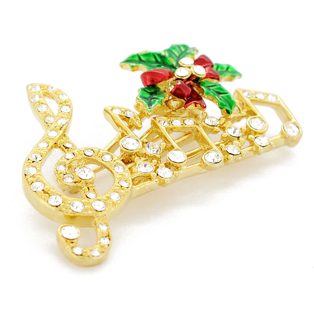 Golden Christmas Mistletoe Music Note Swarovski Crystal Pin Brooch