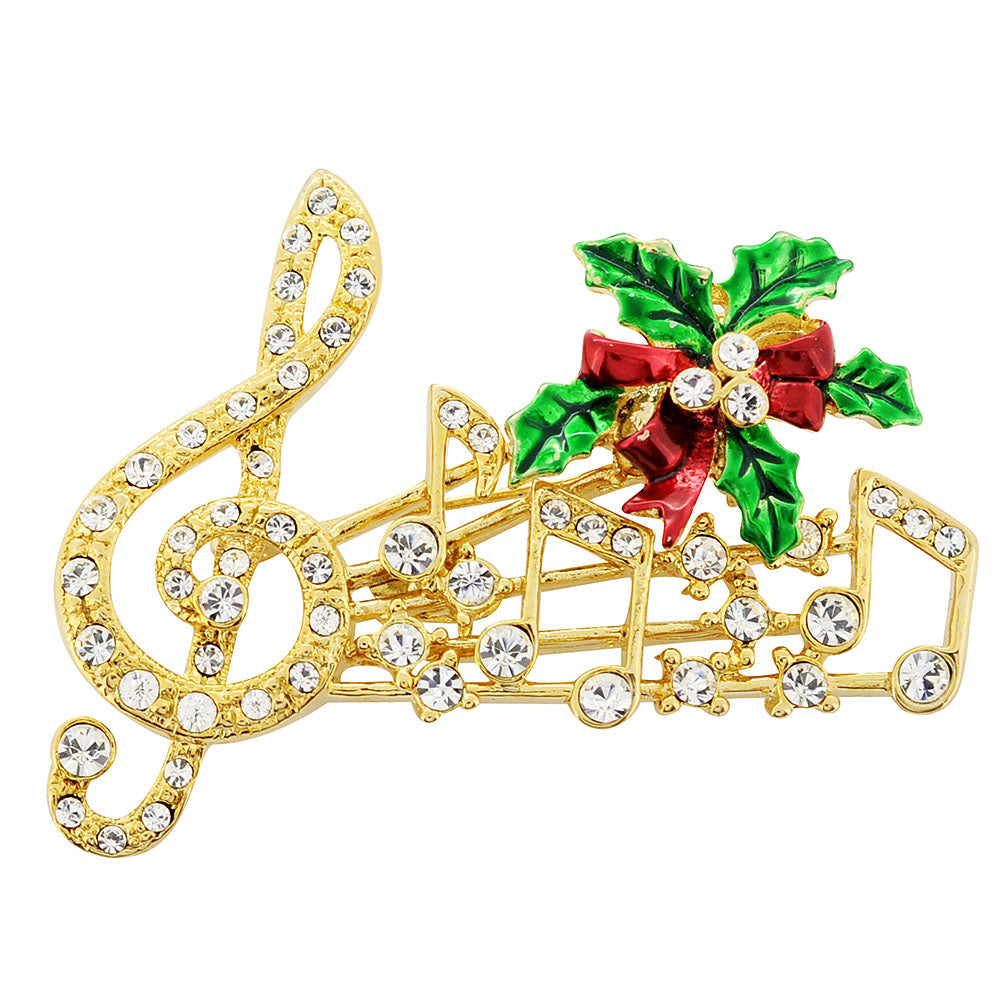 Golden Christmas Mistletoe Music Note Swarovski Crystal Pin Brooch