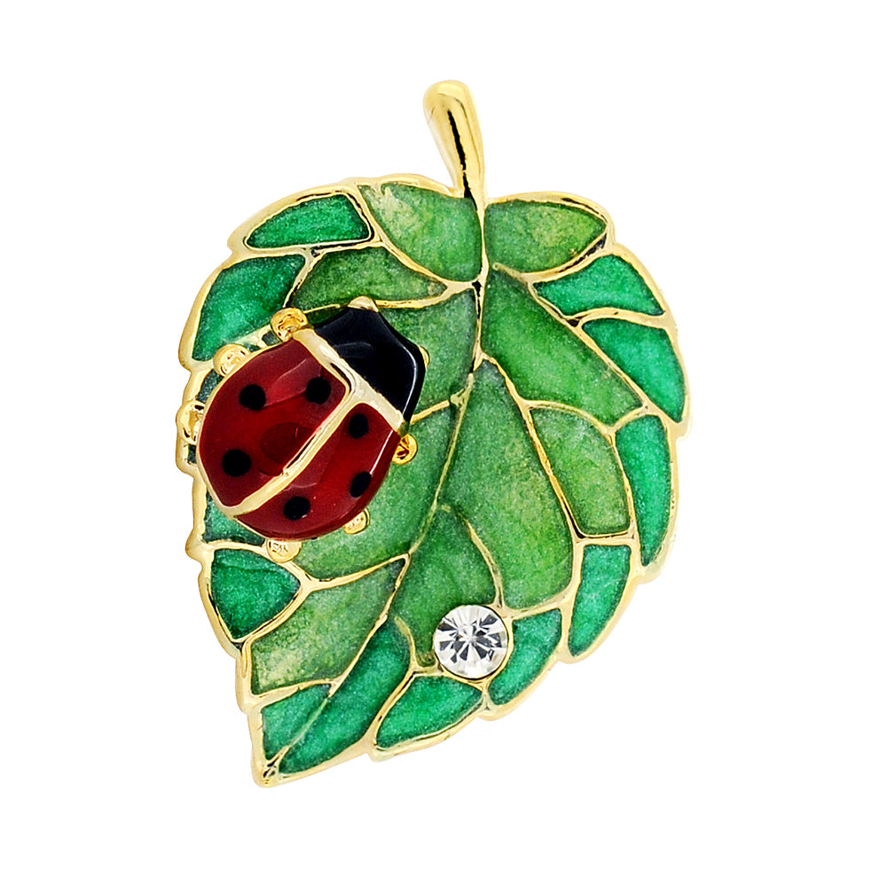 Green Leaf Ladybug Crystal Lapel Pin