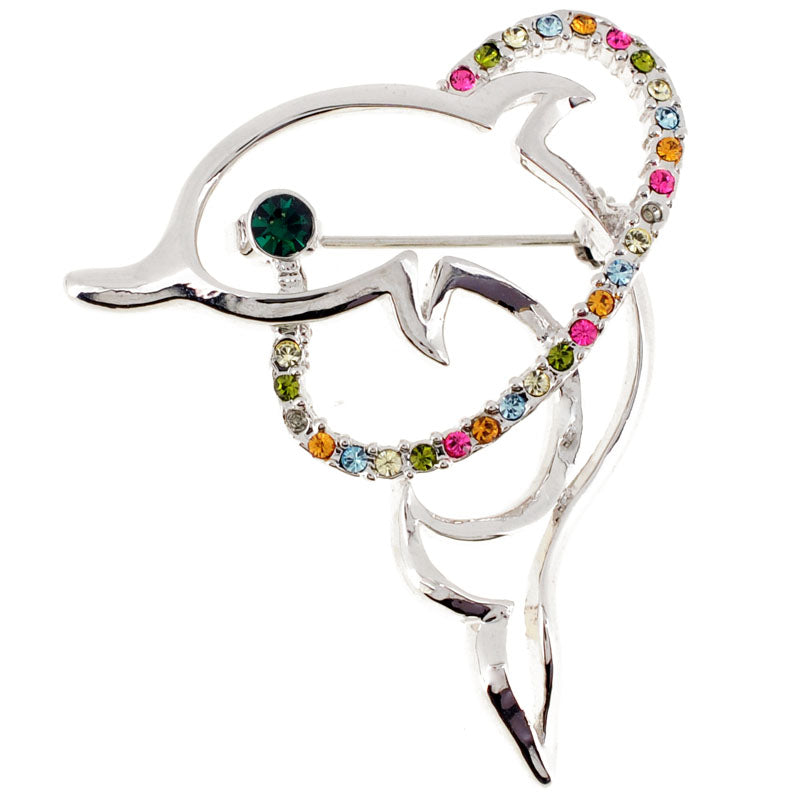 Silver Crystal Dolphin Pin Brooch