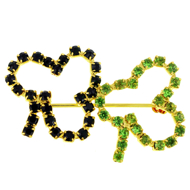 Green Lucky 3 Leaf Clover Crystal Pin Brooch