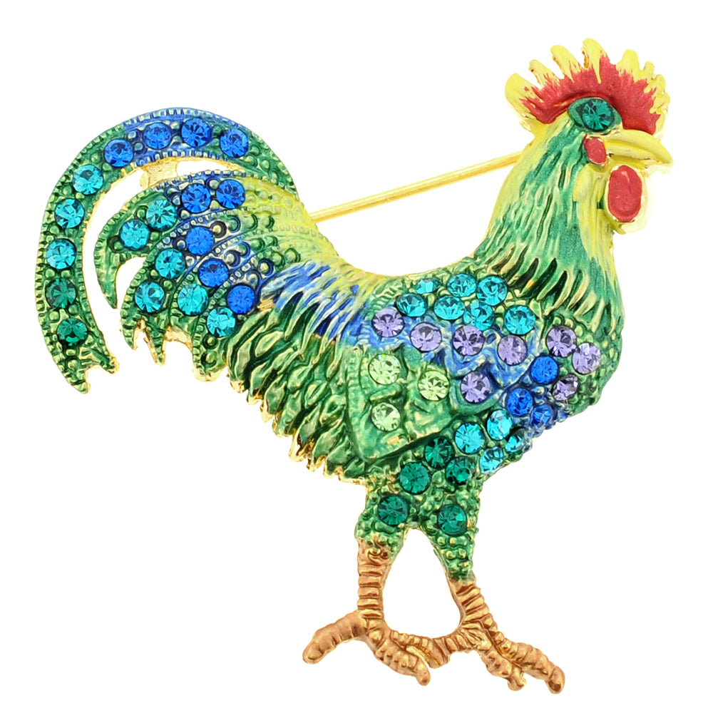 Multi Green Rooster Crystal Animal Pin Brooch