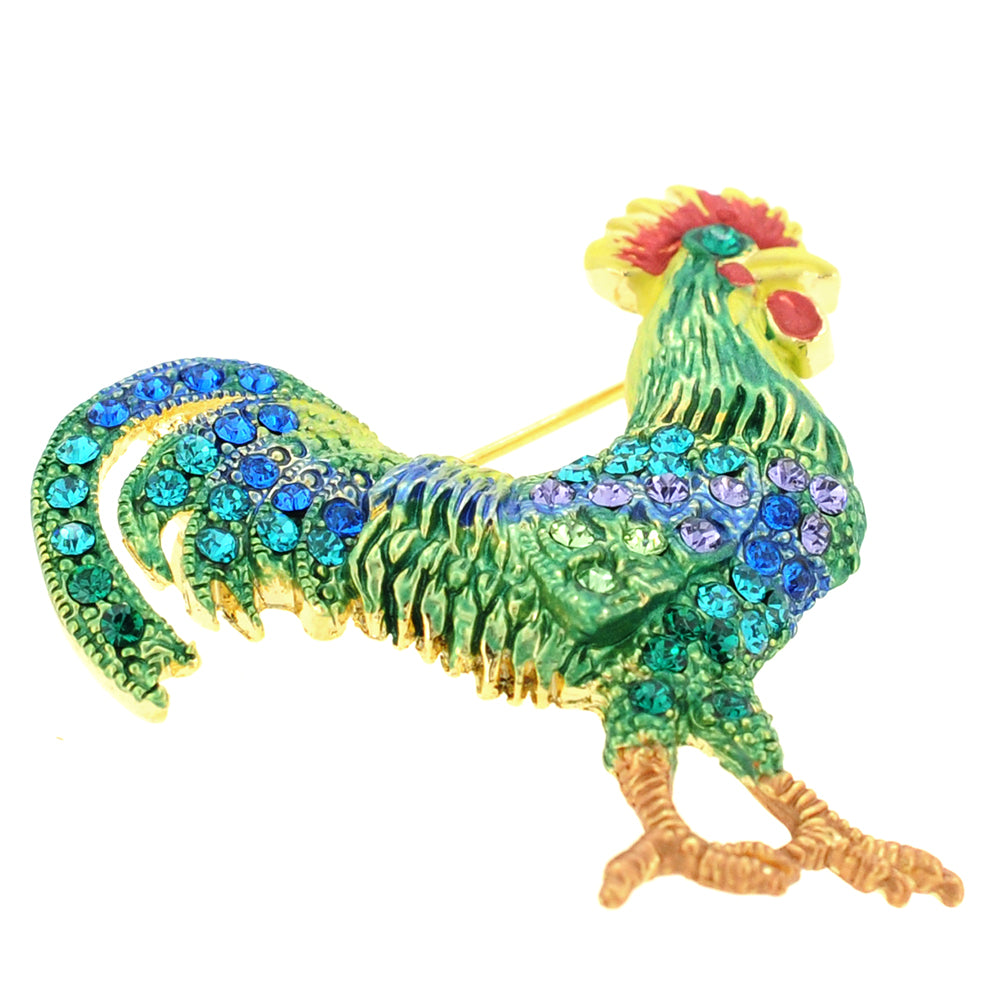 Multi Green Rooster Crystal Animal Pin Brooch