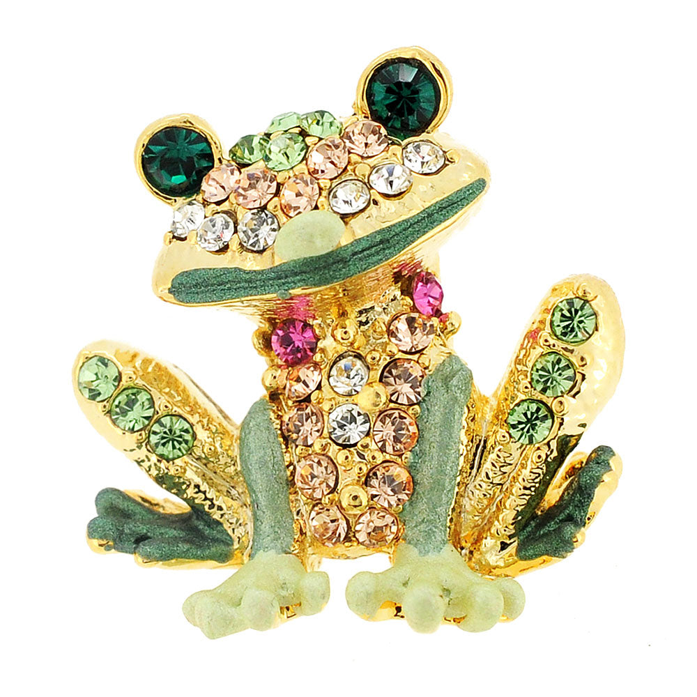 Golden Green Frog Crystal Lapel Pin