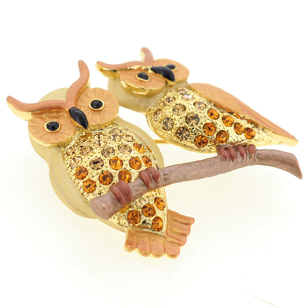 Topaz Brown Couple Owl Crystal Pin Brooch