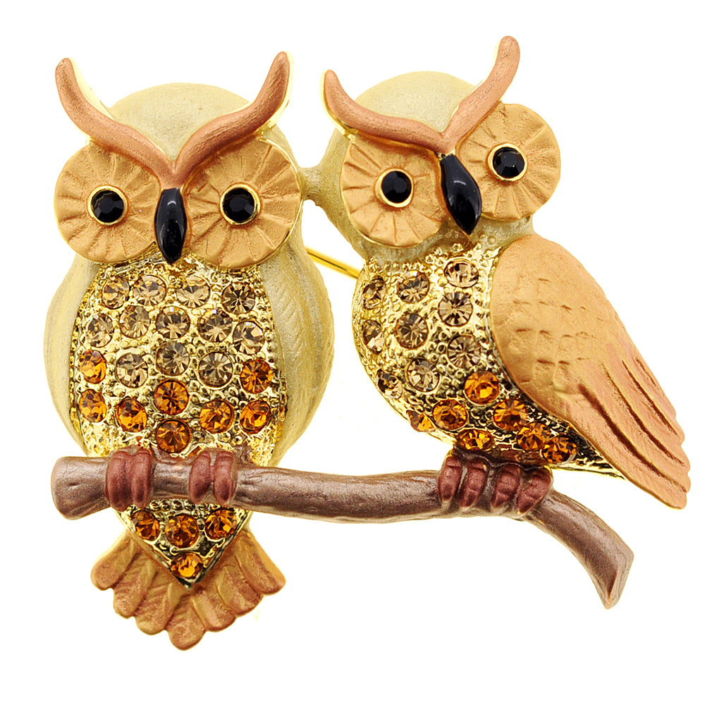 Topaz Brown Couple Owl Crystal Pin Brooch