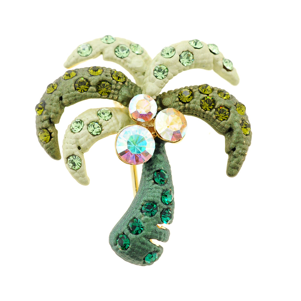 Green Coconut Palm Tree Crystal Pin Brooch