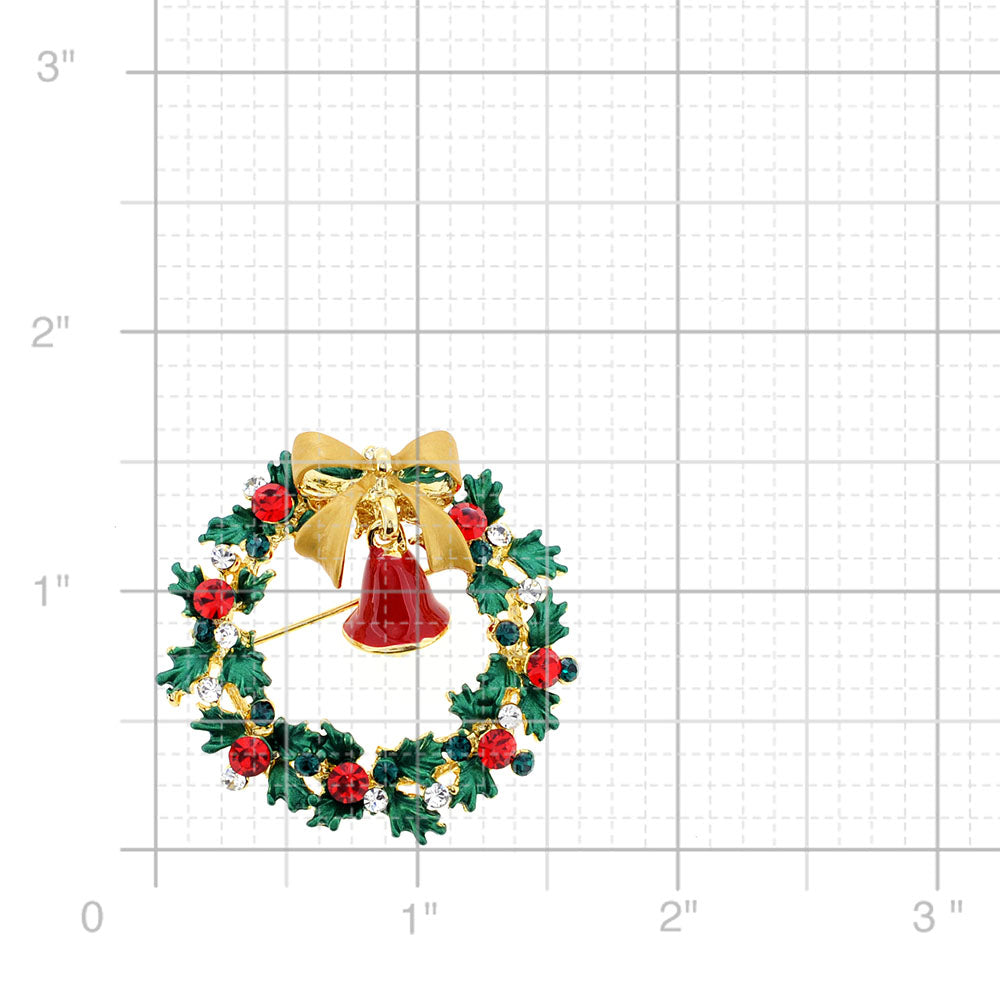 Classic Christmas Wreath with Bow & Bell Swarovski Crystal Pin Brooch