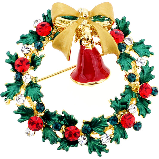 Classic Christmas Wreath with Bow & Bell Swarovski Crystal Pin Brooch