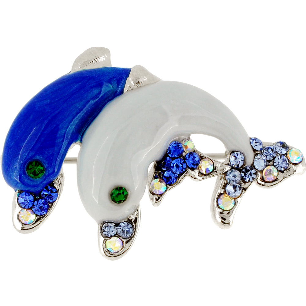 Multi Blue Couple Dolphin Crystal Pin Brooch