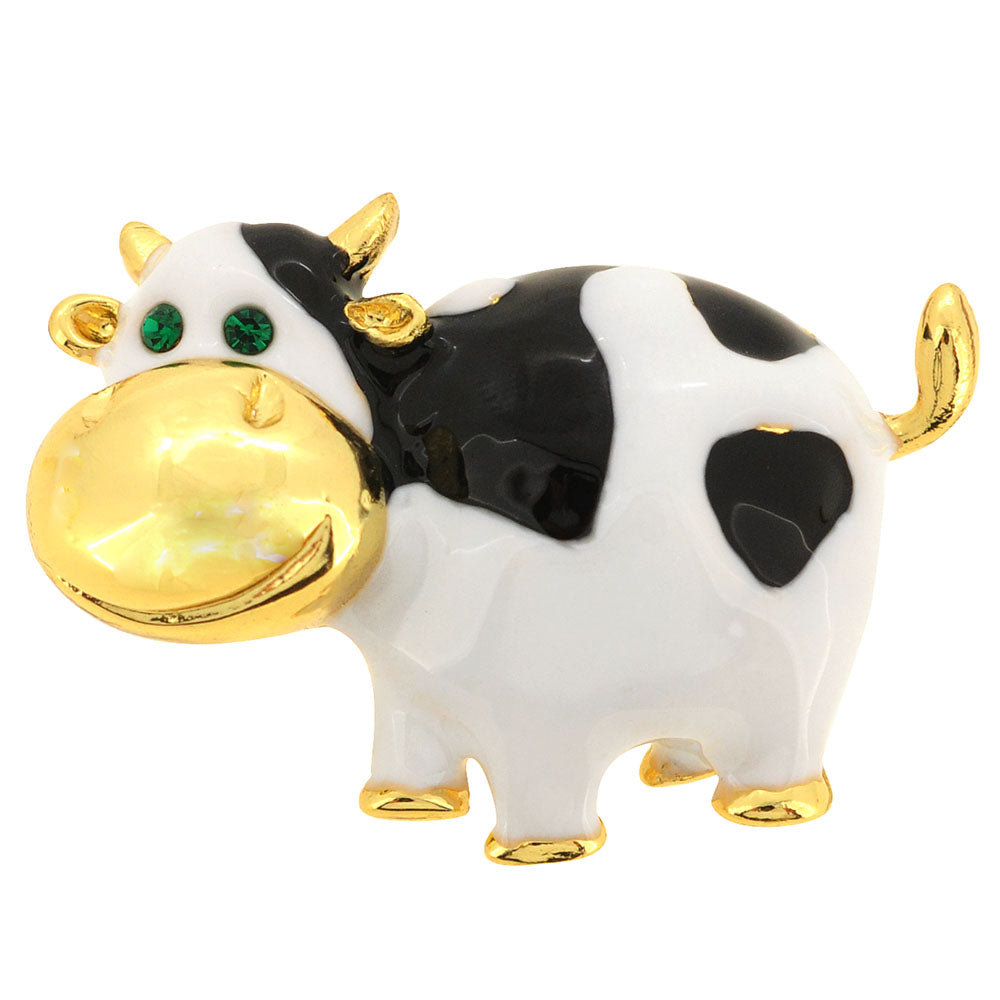 White Black Enamel Cow Pin Brooch