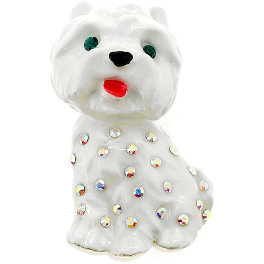 White Enamel Dog Crystal Pin Brooch