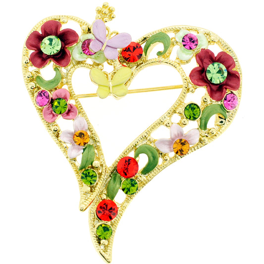 Red Multicolor Butterfly And Flower Heart Swarovski Crystal Pin Brooch And Pendant