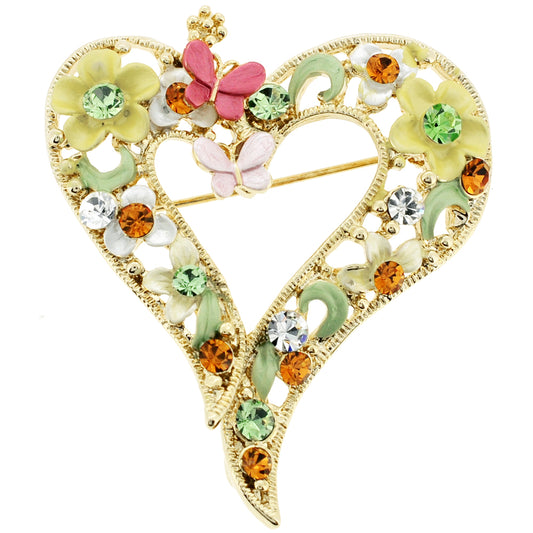 Pink Multicolor Butterfly and Flower Heart Swarovski Crystal Pin Brooch