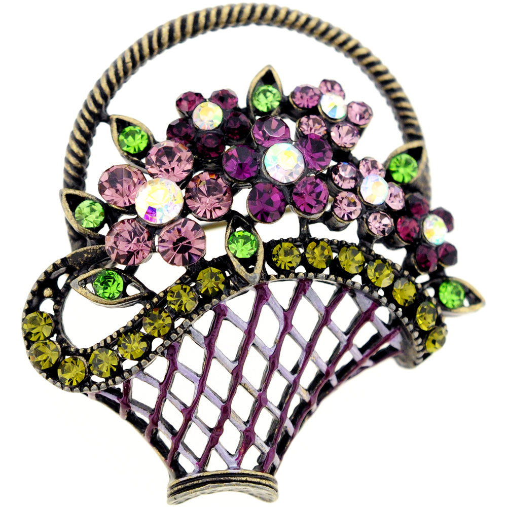 Purple Flower Basket Antique Style Crystal Pin Brooch