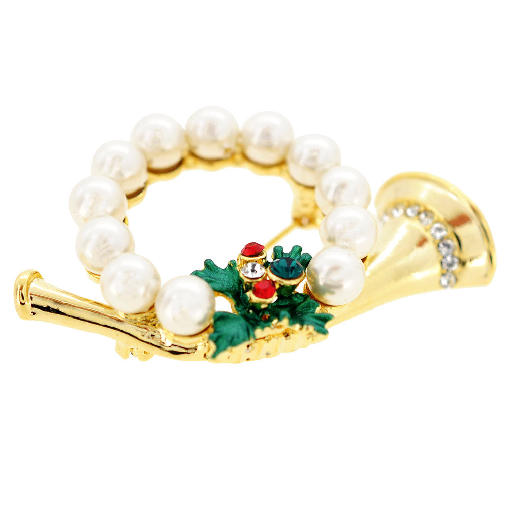 Christmas Pearl Horn Wreath Crystal Pin Brooch