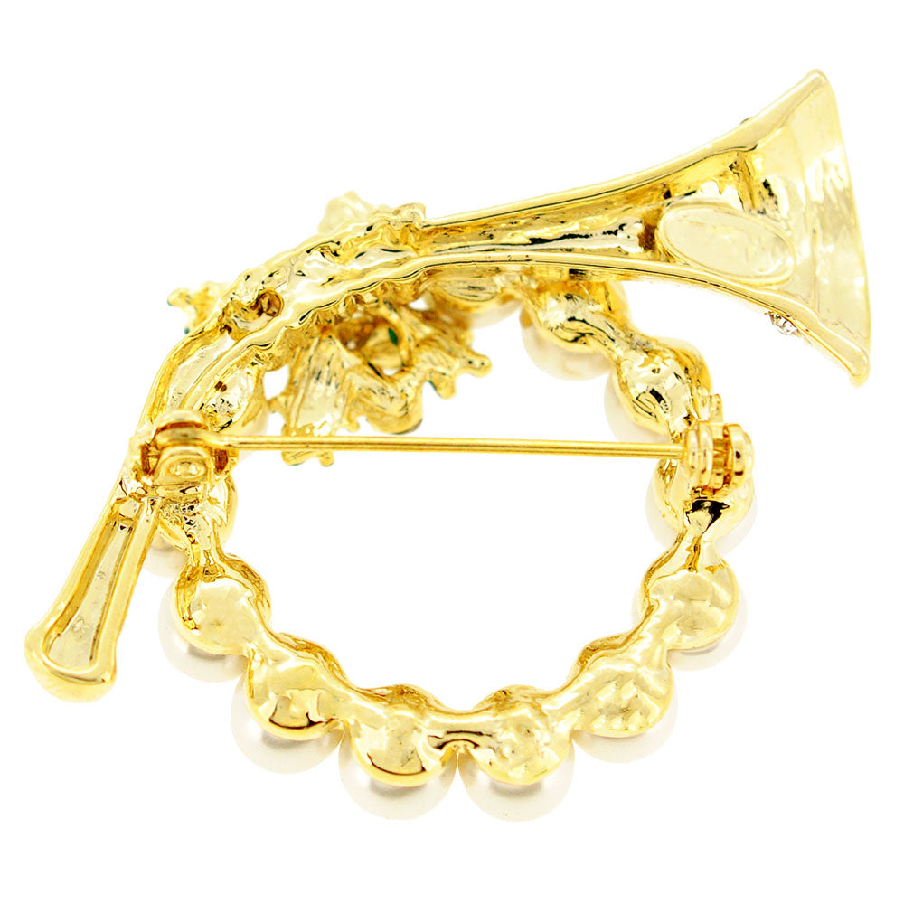 Christmas Pearl Horn Wreath Crystal Pin Brooch