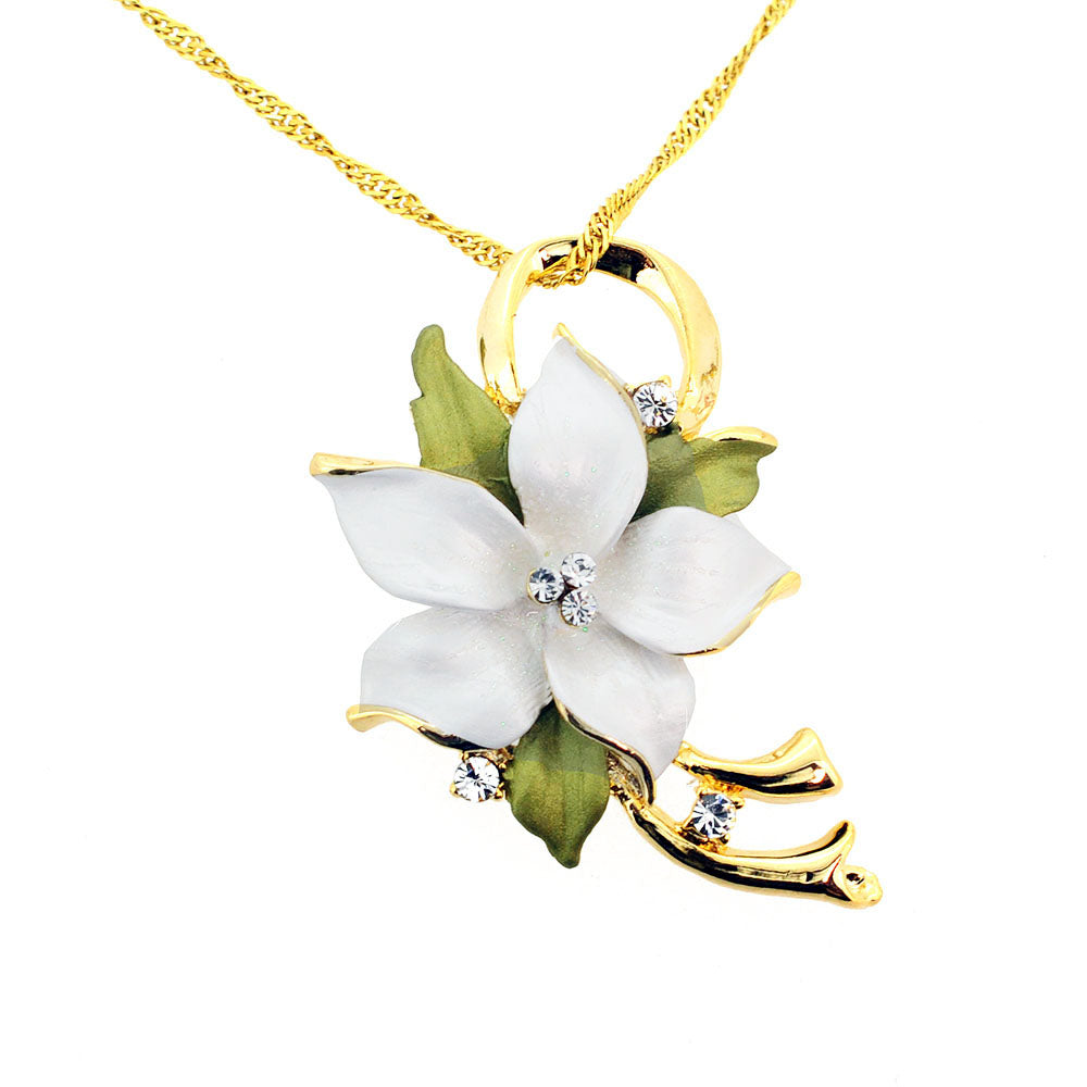 White Poinsettia Christmas Flower Swarovski Crystal Pin Brooch and Pendant
