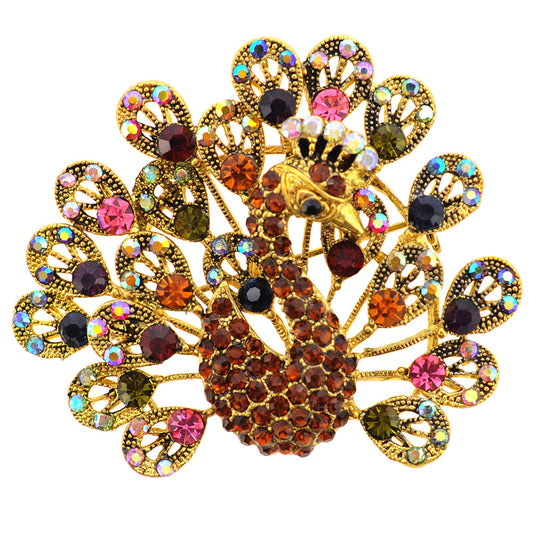Golden Multicolor Peacock Crystal Brooch Pin