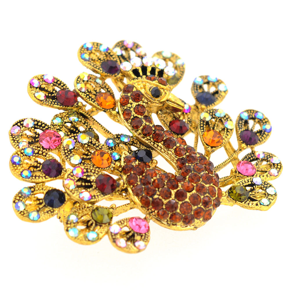 Golden Multicolor Peacock Crystal Brooch Pin