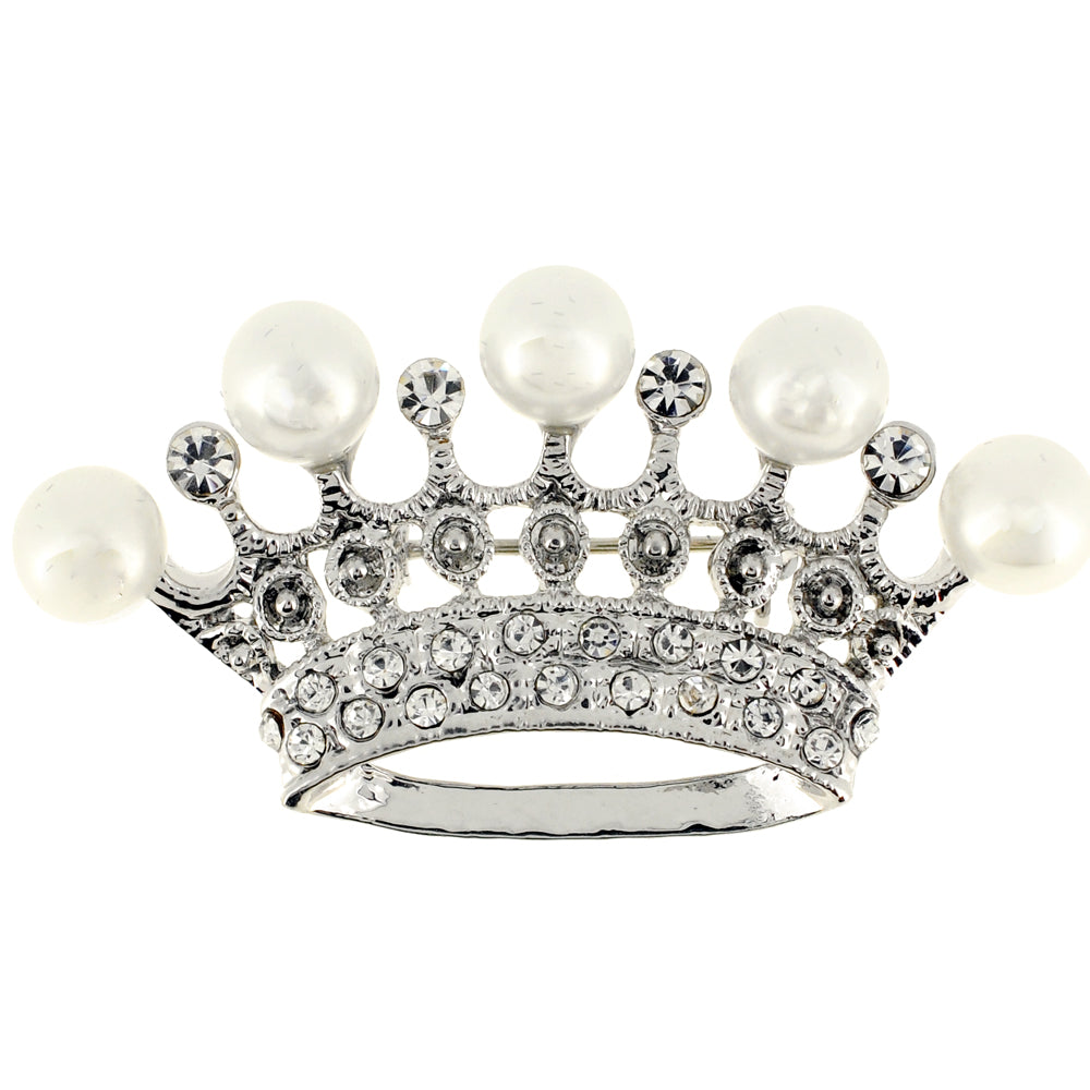 Silver Crown With Pearl Brooch Pin