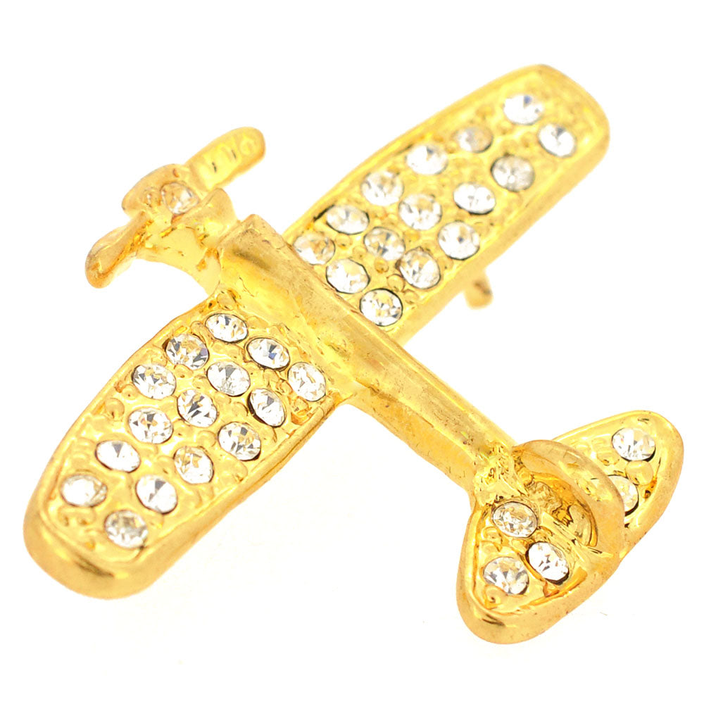 Golden Airplane Crystal Brooch Pin