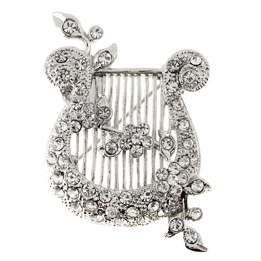 Chrome Harp Music Crystal Pin Brooch