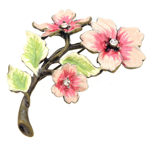 Pink Flower Green Leaf Swarovski Crystal Pin Brooch