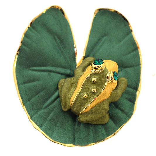 Swarovski Crystal Green Frog With Lotus Leaf Animal Tack Pin