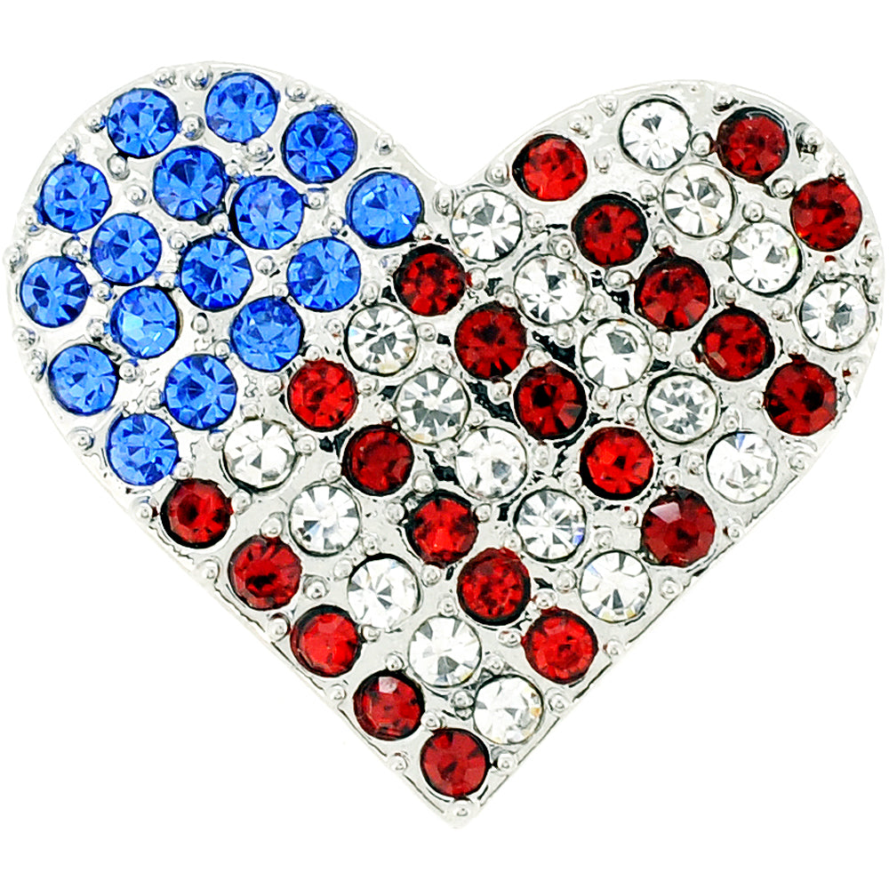Silver American Flag Heart Patriotic Crystal Pin Brooch